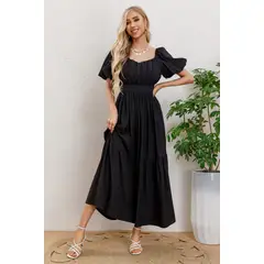 MPROPIA - Vestido Largo Mujer Manga Globo Corta Cuello V 3345.-