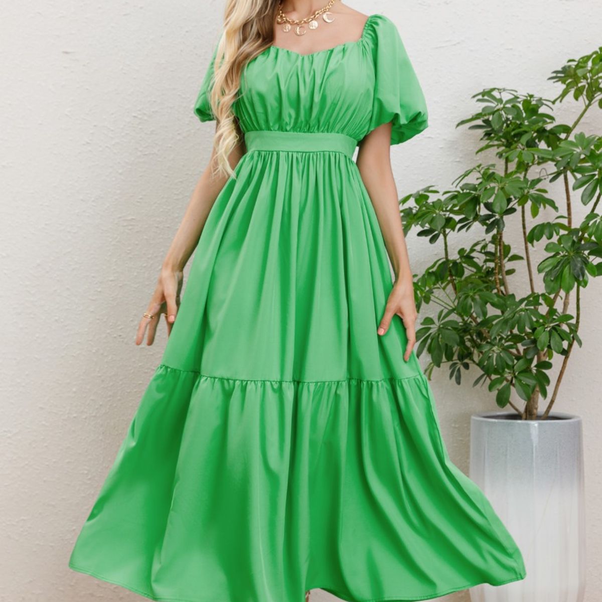 LIKE SHOP - Vestido Largo Mujer Manga Globo Corta Cuello V 3345