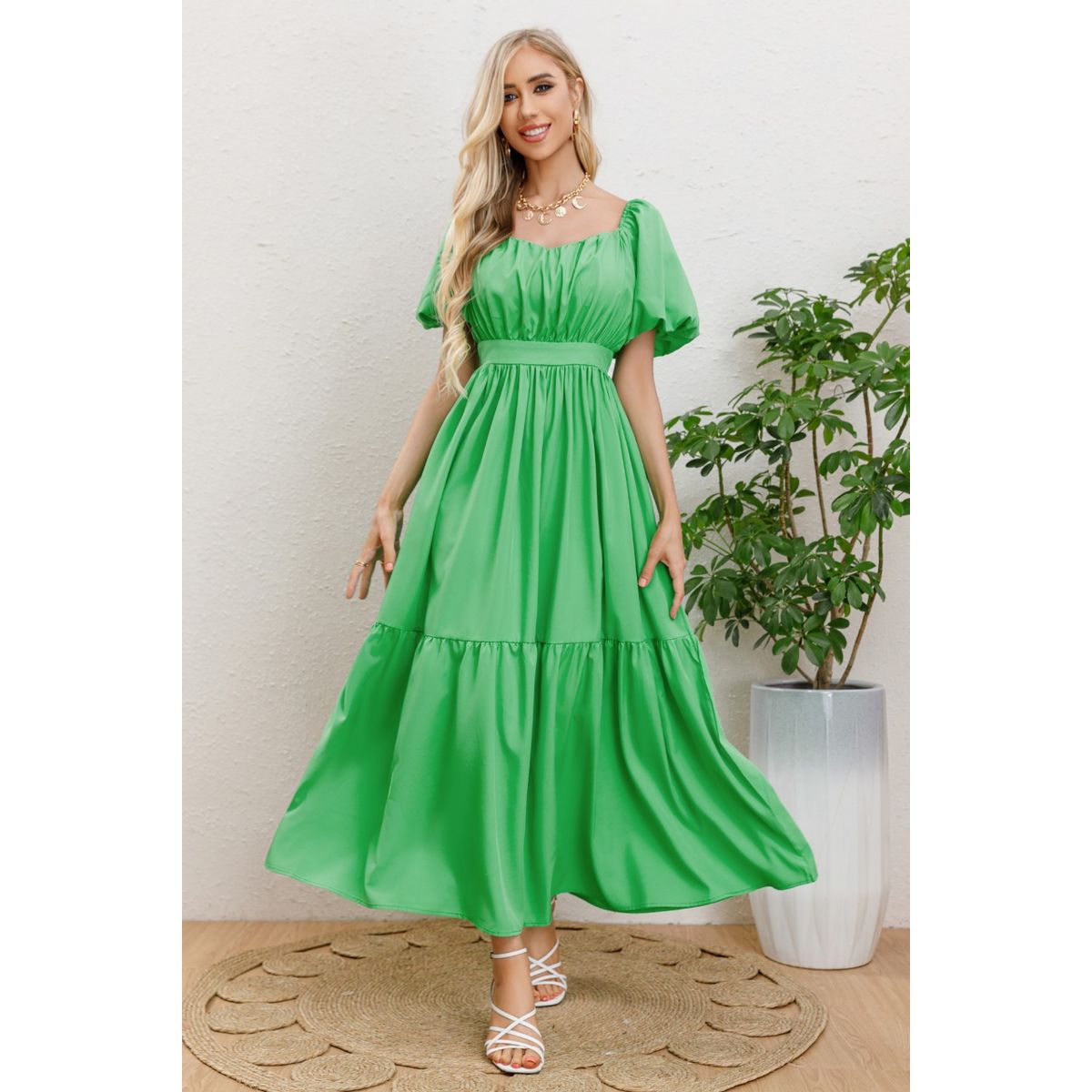 LIKE SHOP - Vestido Largo Mujer Manga Globo Corta Cuello V 3345