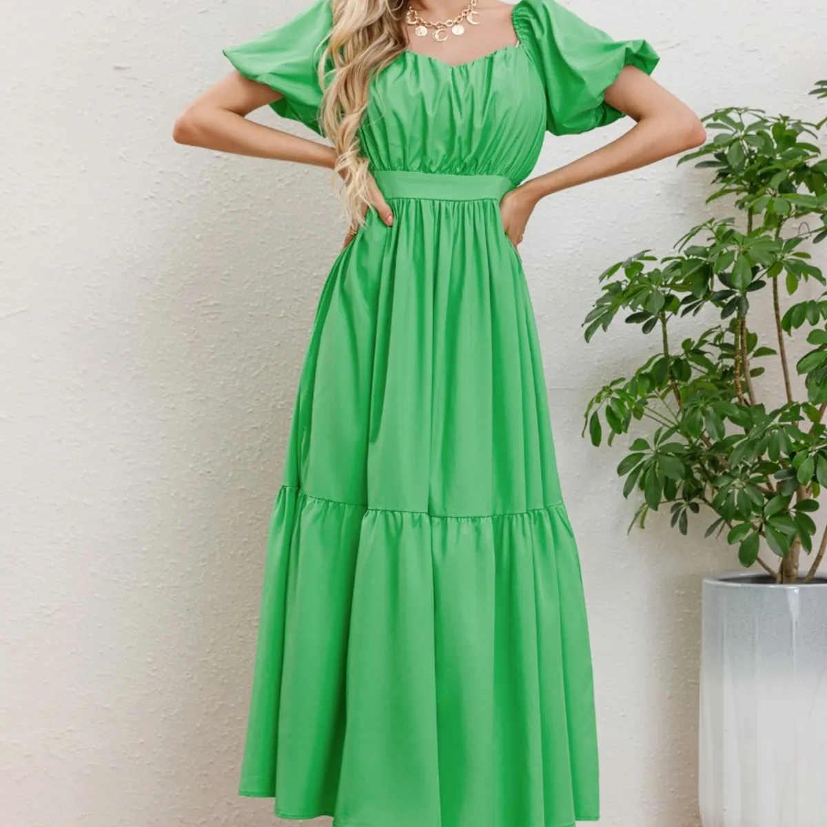 LIKE SHOP - Vestido Largo Mujer Manga Globo Corta Cuello V 3345