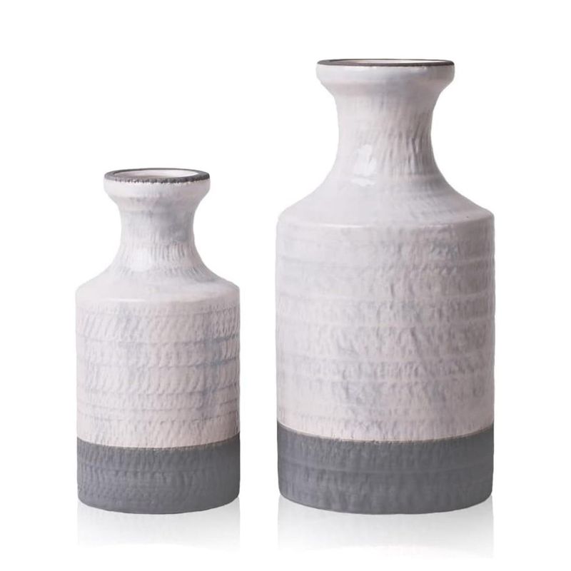 DECO EXPRESS - Set 2 Jarrones cerámica decorativo Blanco-Gris Rustico