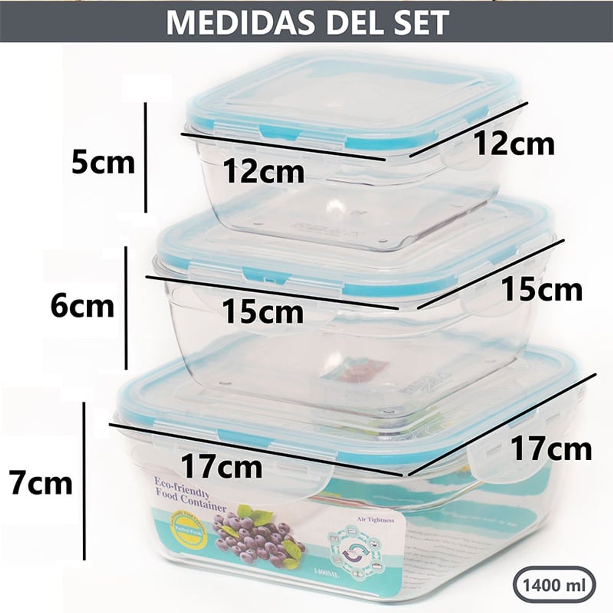 WAKESHOME - Set De 3 Envases Cuadrados Con Tapas Para Colaccion Lonchera
