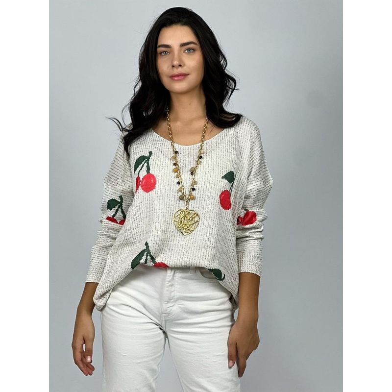 ENIGMATICA BOUTIQUE - Sweater Italiano con Cerezas Estampadas - Blanco - Único