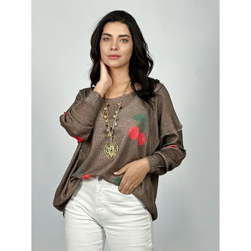 ENIGMATICA BOUTIQUE - Sweater Italiano con Cerezas Estampadas - Blanco - Único