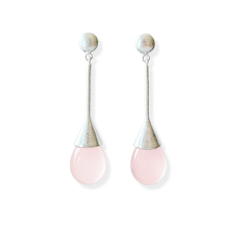Aros Cuarzo Rosado Gota Plata Fina 925 Satinado Rosa TALLA UNICA
