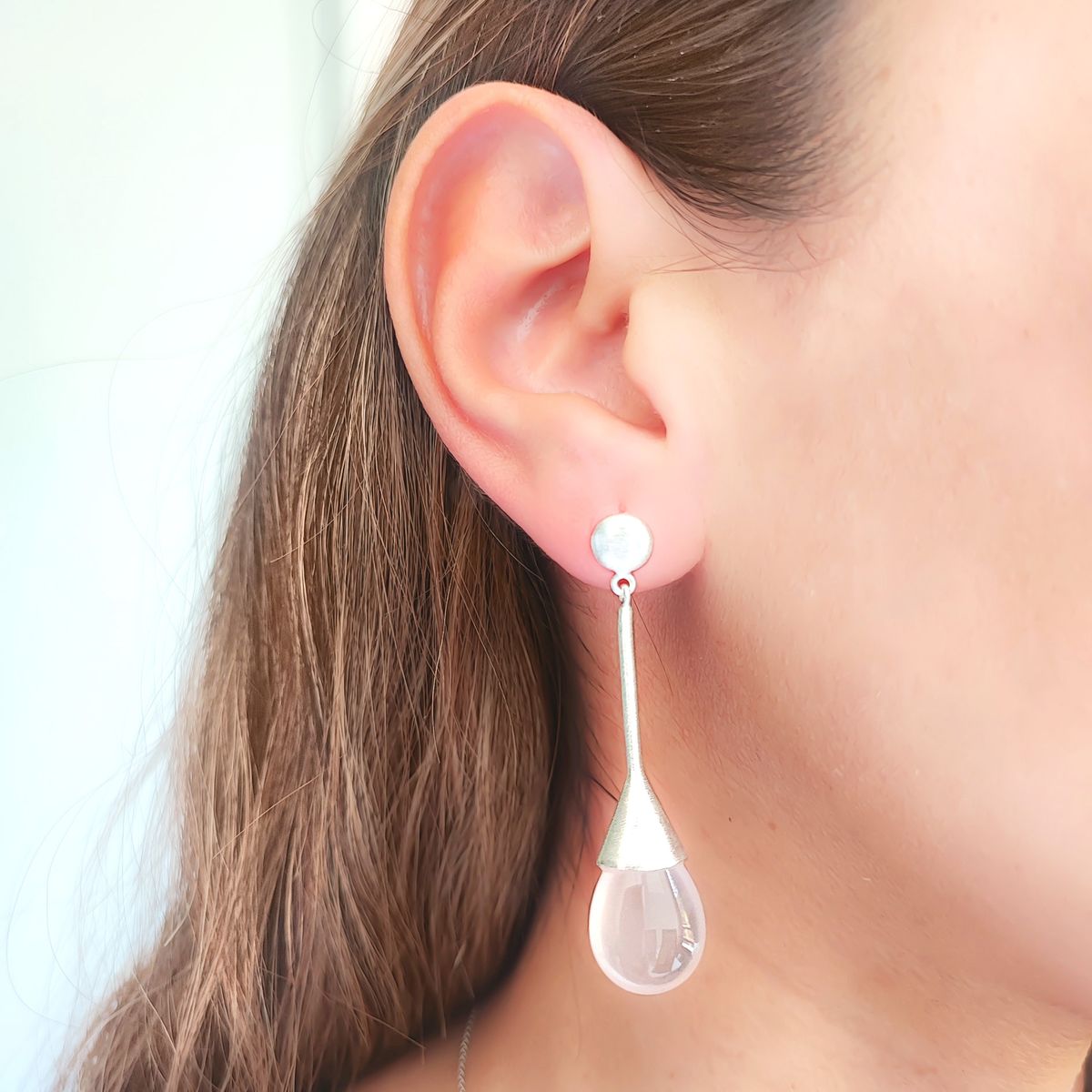 COGGIOLA - Aros Cuarzo Rosado Gota Plata Fina 925 Satinado