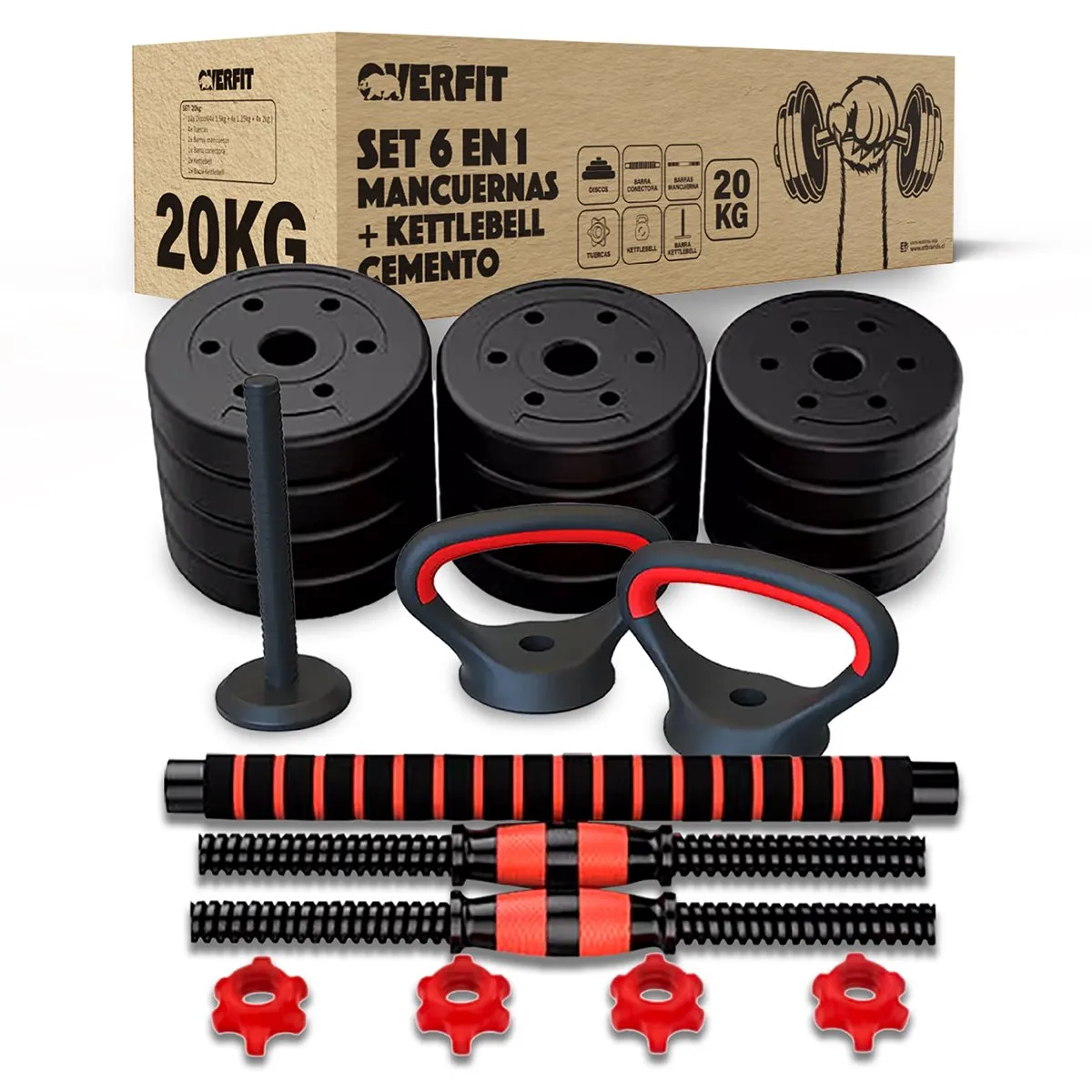 OVERFIT - Set Mancuernas + Barra + Kettlebell Unibles Overfit 20kg