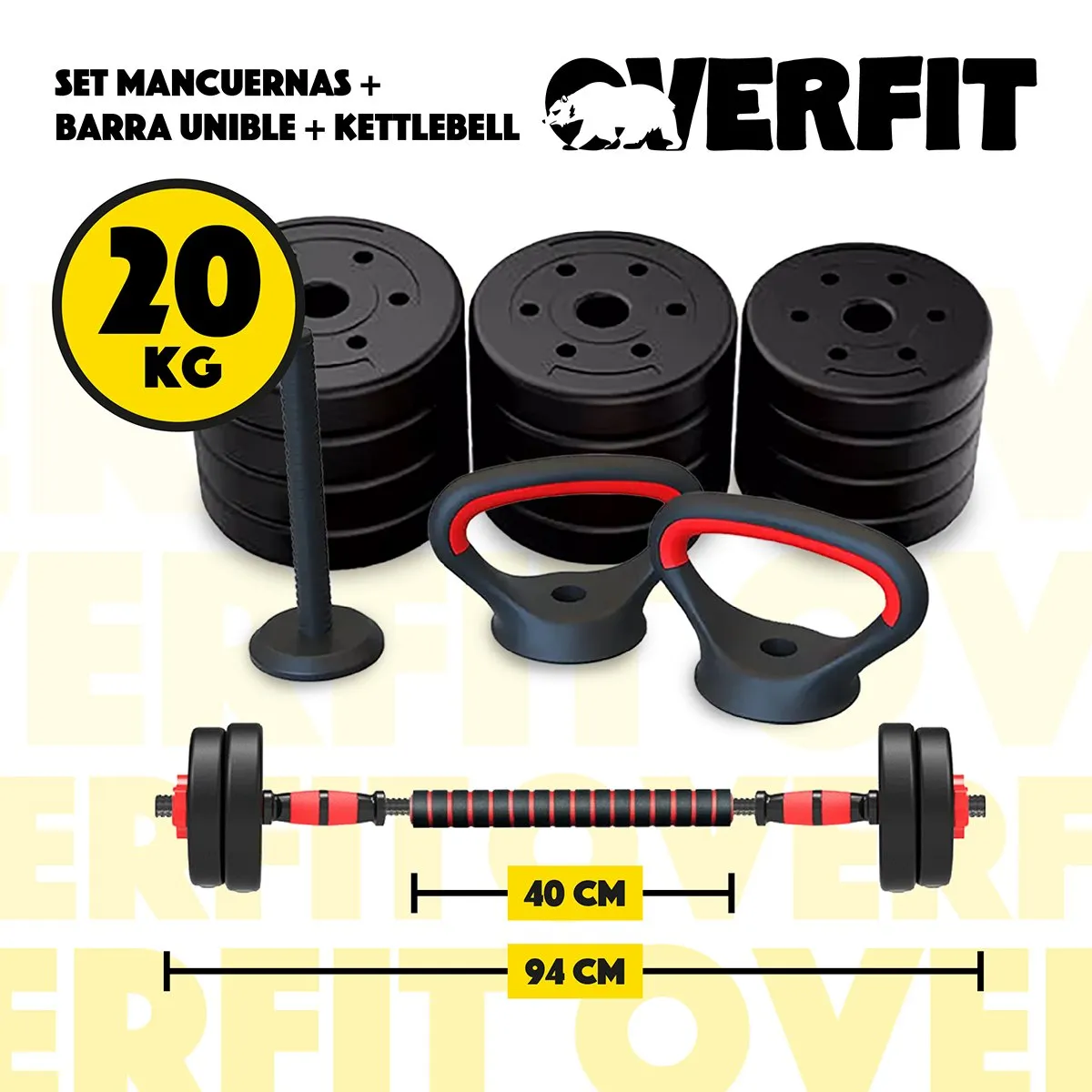 OVERFIT - Set Mancuernas + Barra + Kettlebell Unibles Overfit 20kg
