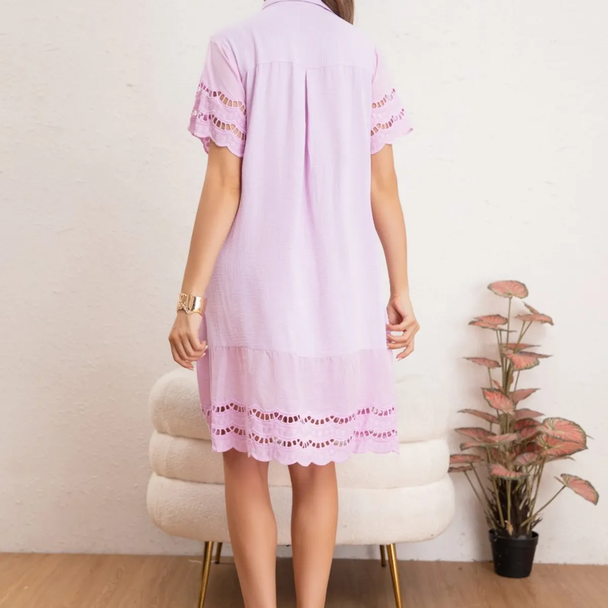 LIKE SHOP - Vestido Corto Primavera Mujer Manga Corta Macramé Casual 0040