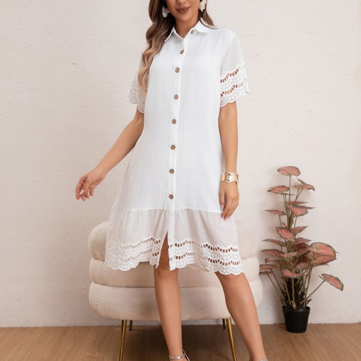 LIKE SHOP - Vestido Corto Primavera Mujer Manga Corta Macramé Casual 0040