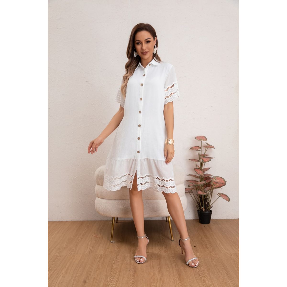 LIKE SHOP - Vestido Corto Primavera Mujer Manga Corta Macramé Casual 0040