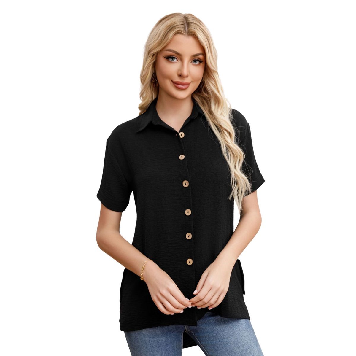 LIKE SHOP - Blusa Mujer Manga Corta Algodón Botones 0055