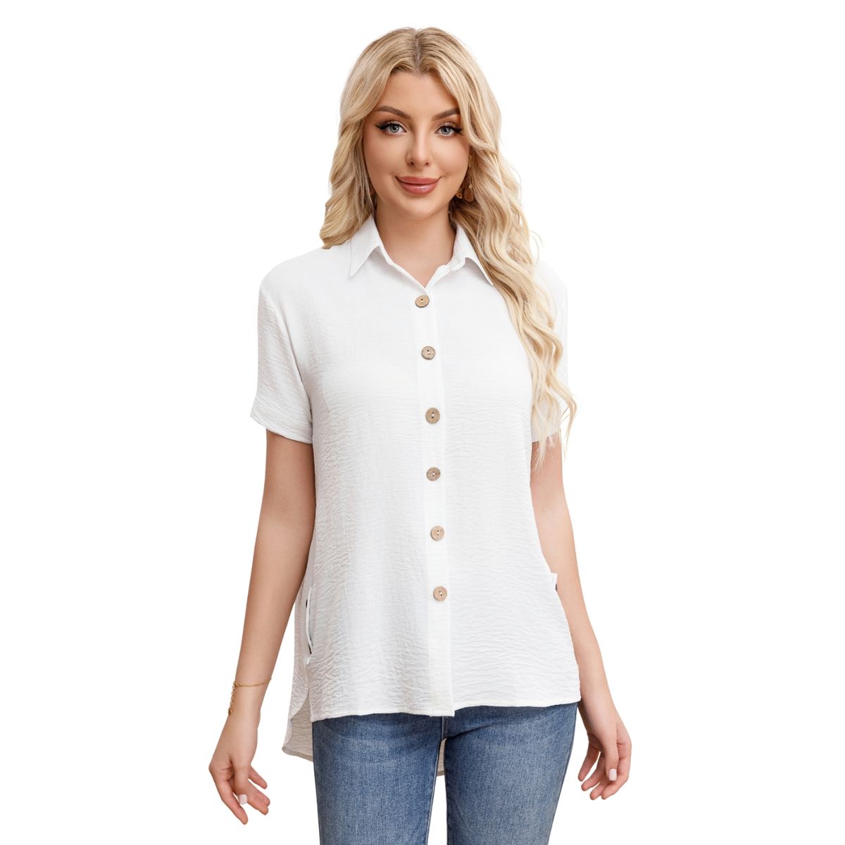 LIKE SHOP - Blusa Mujer Manga Corta Algodón Botones 0055