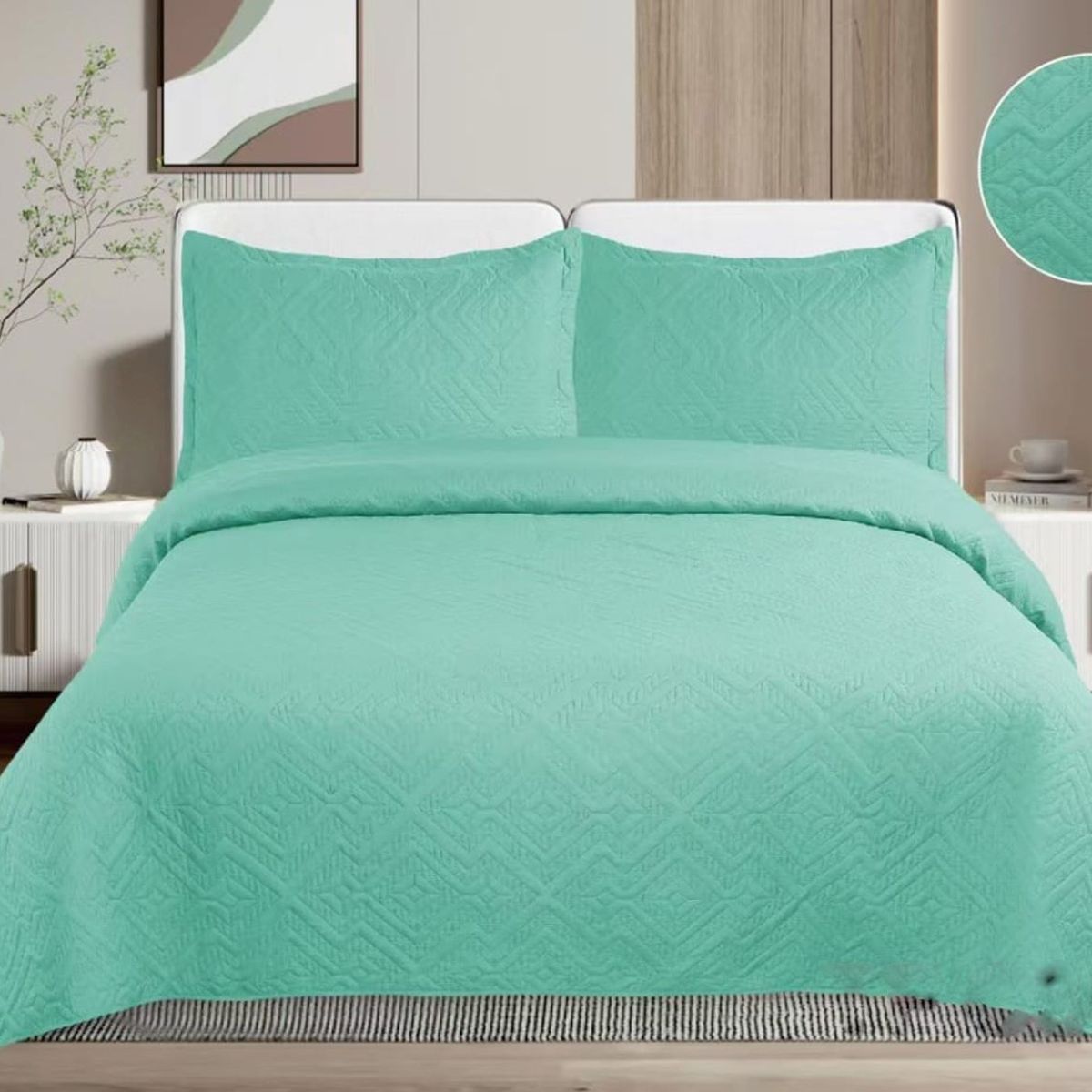 GENERICO - CUBRECAMA QUILT DE VERANO DE COLOR LISO VERDE MENTA 2 PLAZAS