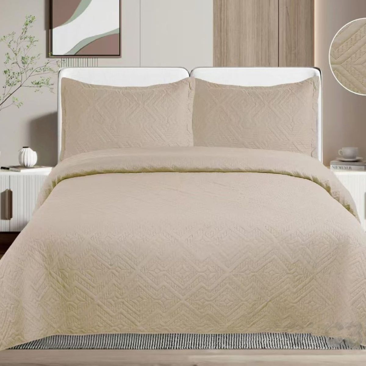GENERICO - CUBRECAMA QUILT DE VERANO DE COLOR ARENA KING