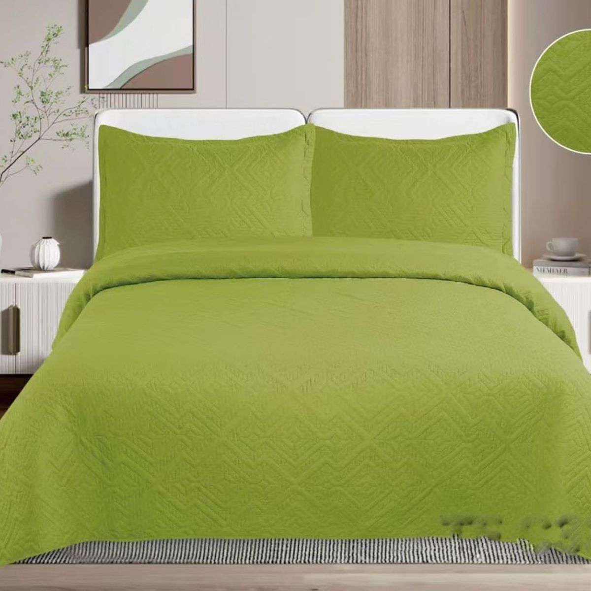 GENERICO - CUBRECAMA QUILT DE VERANO DE COLOR VERDE MANZANA KING