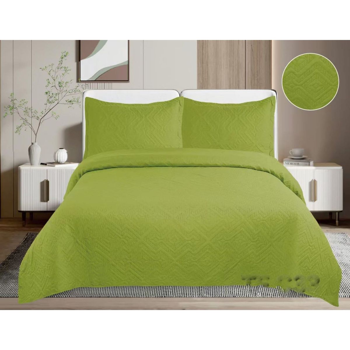 GENERICO - CUBRECAMA QUILT DE VERANO DE COLOR VERDE MANZANA KING