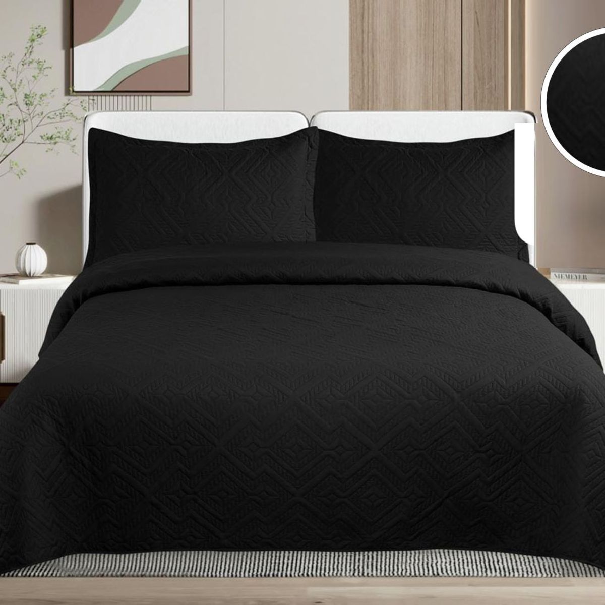 GENERICO - CUBRECAMA QUILT DE VERANO DE COLOR NEGRO KING