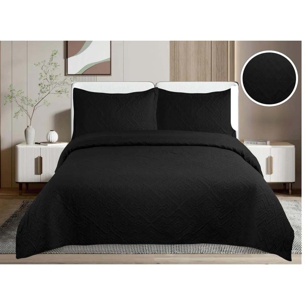 GENERICO - CUBRECAMA QUILT DE VERANO DE COLOR NEGRO KING