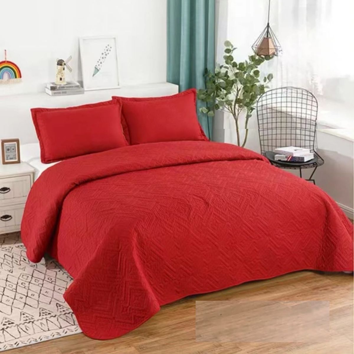 GENERICO - CUBRECAMA QUILT DE VERANO DE COLOR ROJO KING
