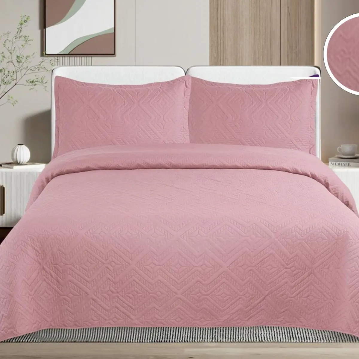GENERICO - CUBRECAMA QUILT DE VERANO DE COLOR PALO ROSA KING