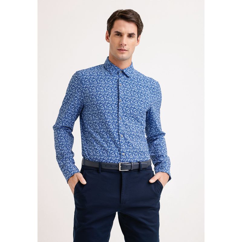 PERRY ELLIS - Camisa Hombre Manga Larga Stretch Estampada Azul Perry Ellis