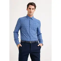 PERRY ELLIS - Camisa Hombre Manga Larga Stretch Estampada Azul