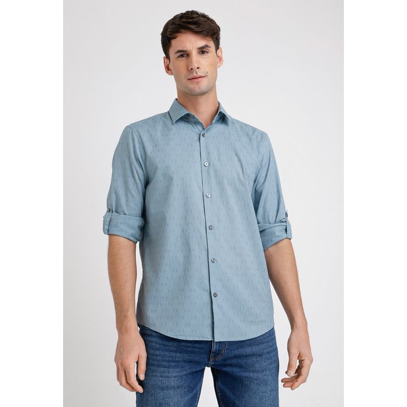 PERRY ELLIS - Camisa Hombre Manga Larga Algodón Celeste