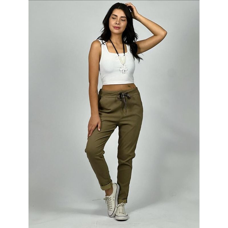 ENIGMATICA BOUTIQUE - Jogger Italiano con Bolsillos Cordón Brillante Beige Enigmática Boutique - Beige