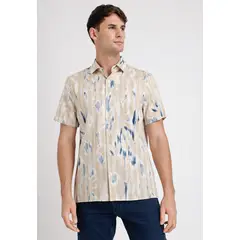 PERRY ELLIS - Camisa Hombre Manga Corta Algodón Estampada Cafe