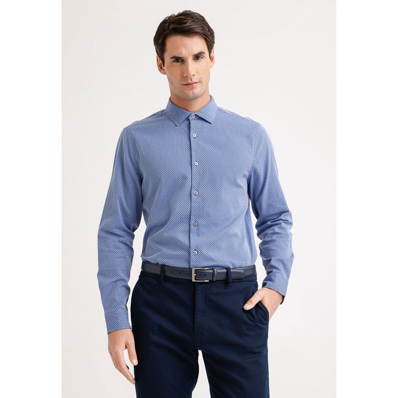 PERRY ELLIS - Camisa Hombre Manga Larga Algodón Azul