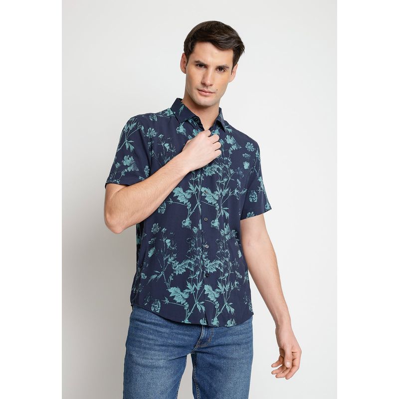 PERRY ELLIS - Camisa Hombre Manga Corta Estampada Azul