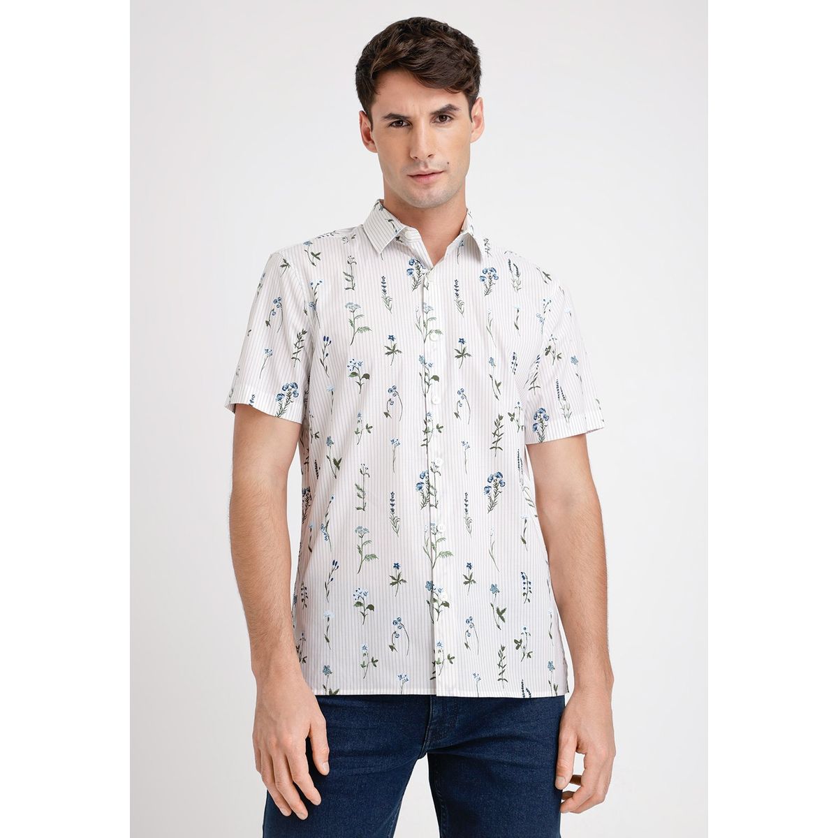 PERRY ELLIS - Camisa Hombre Manga Corta Stretch Estampada Cafe