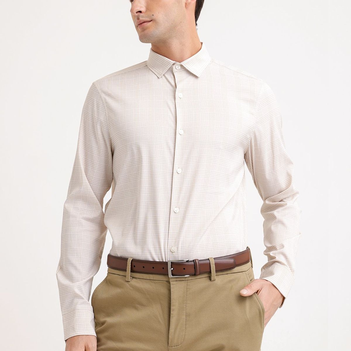PERRY ELLIS - Camisa Hombre Manga Larga Stretch Beige