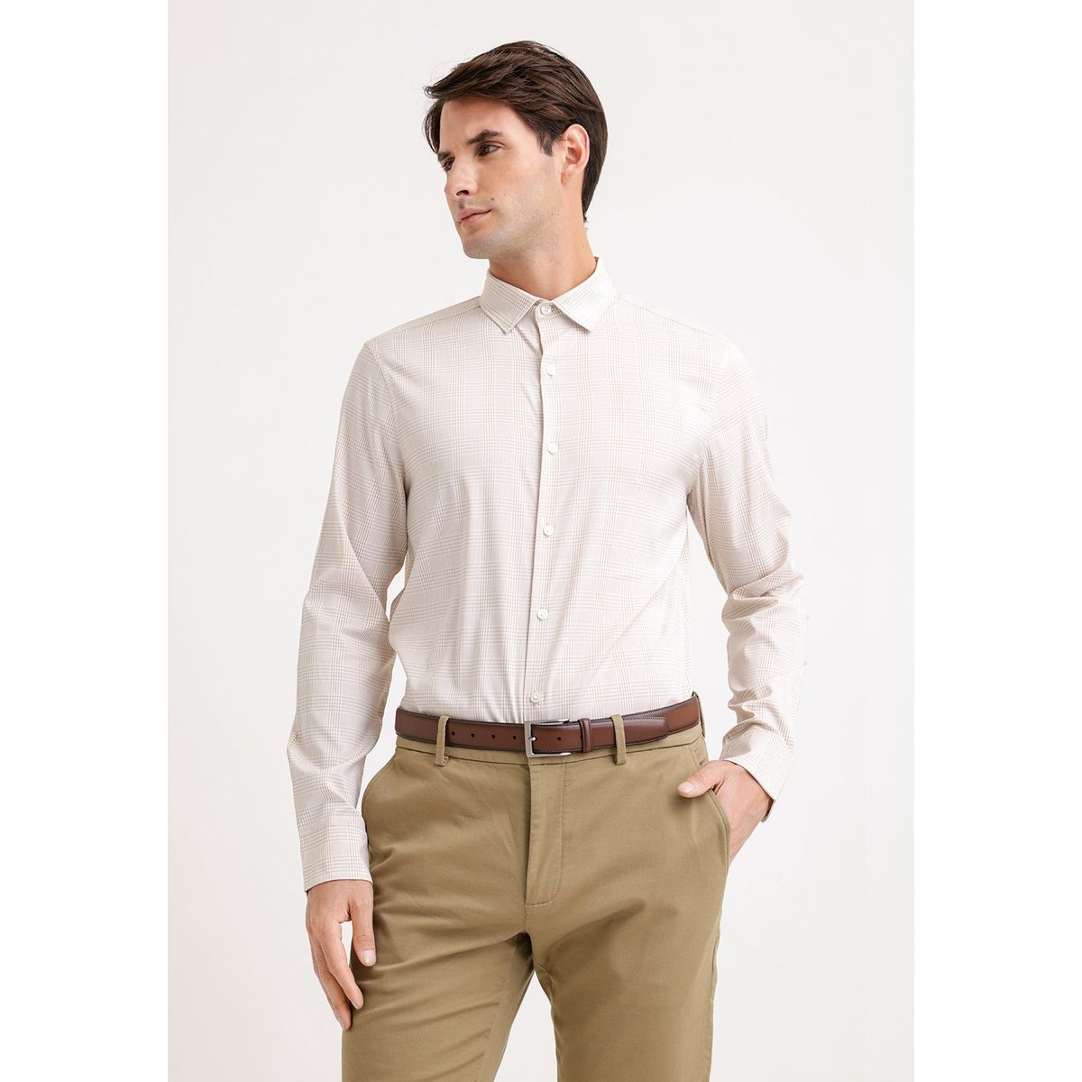 PERRY ELLIS - Camisa Hombre Manga Larga Stretch Beige