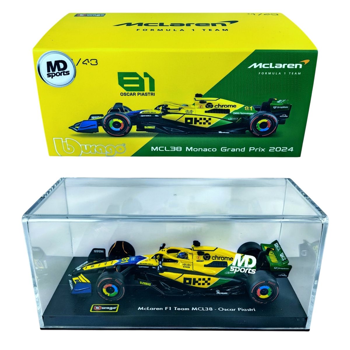 BBURAGO - Auto F1 Mclaren MCL38 2024 Senna #81 Piastri Caja Acril 1:43