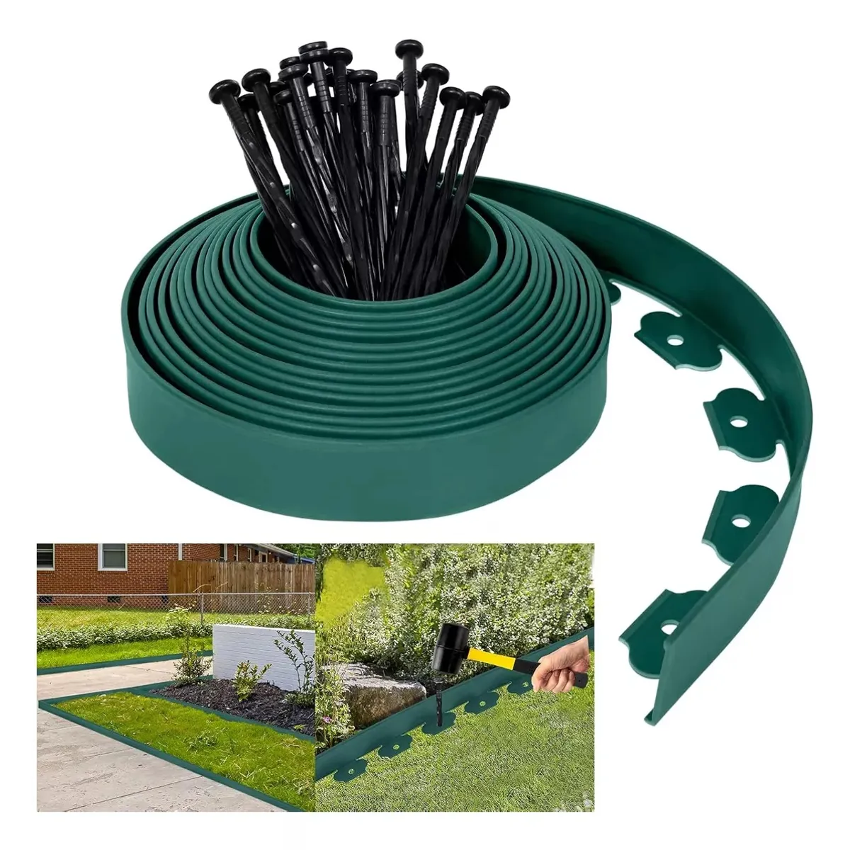 KUANGYE - Separador Jardín Limitador De Césped 5cm×6m Verde + 18 Uñas