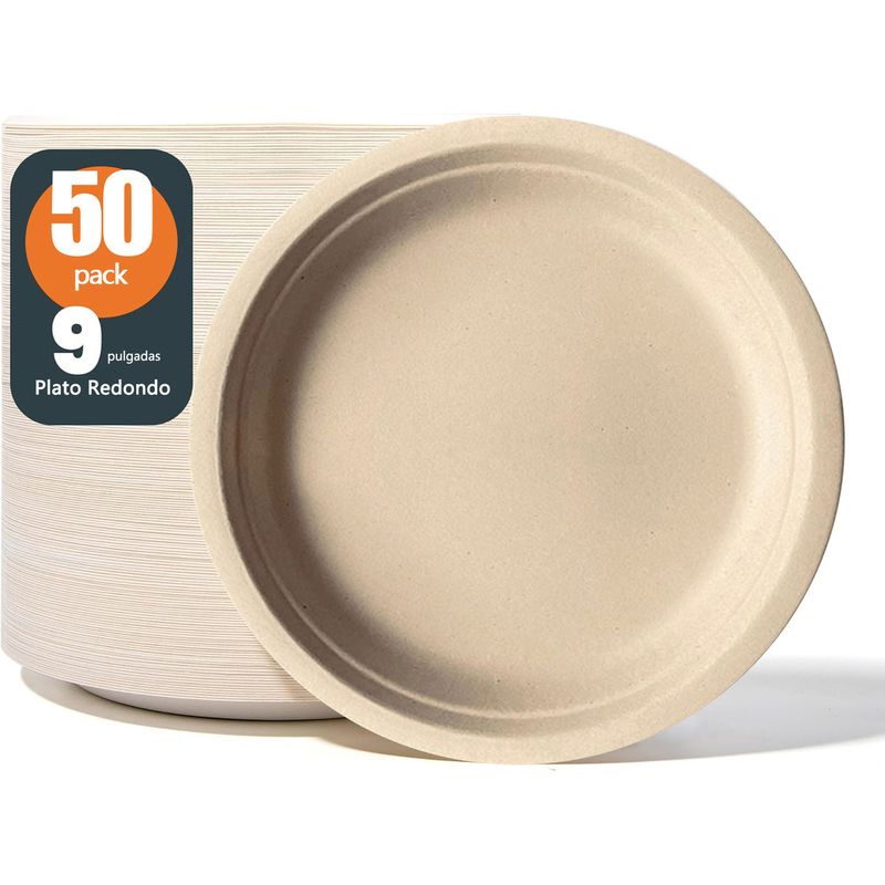 GENERICO - 50 Pcs Trigo Plato De Fiesta Desechable Biodegradable 23cm