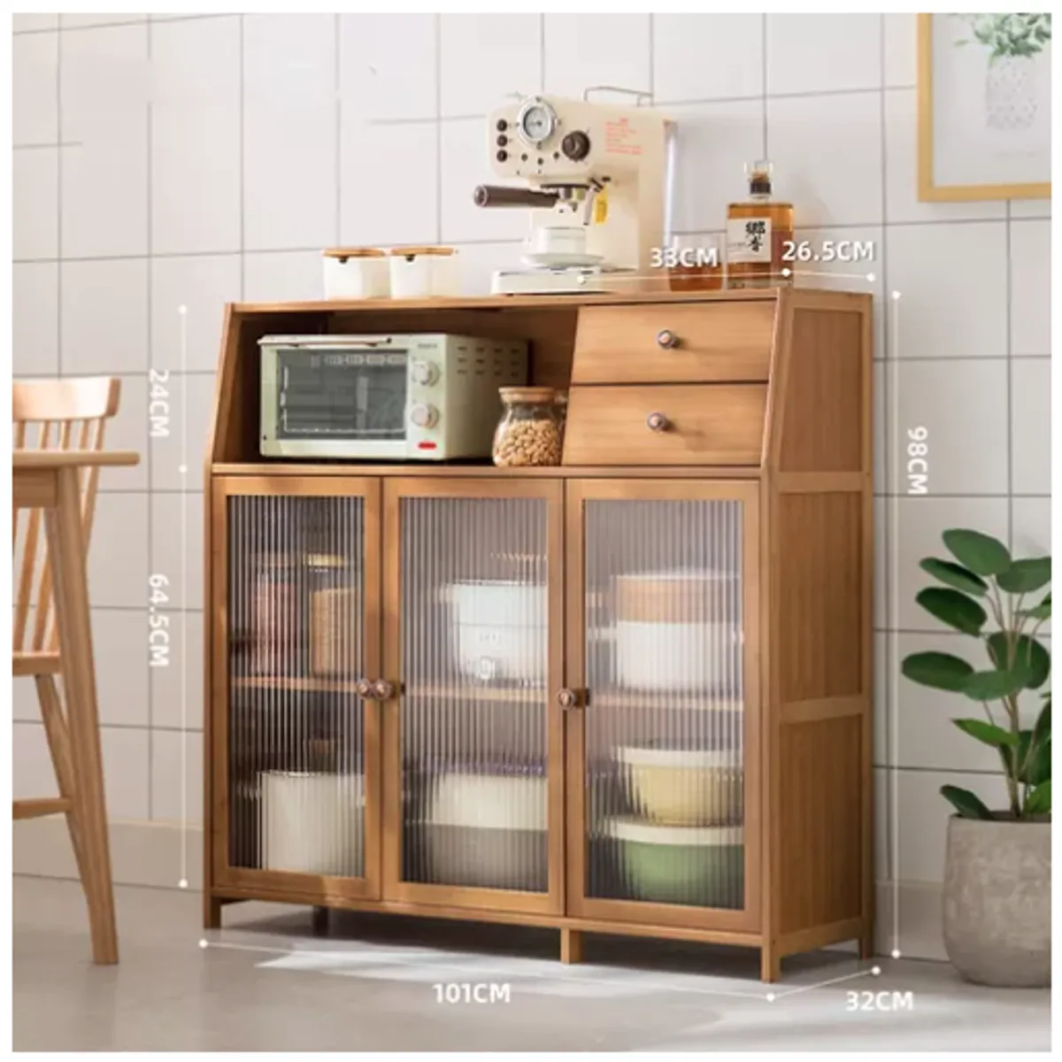 IDEEHOUSE - Despensa Aparador De Cocina 3 Puertas 2 Cajones Bambú