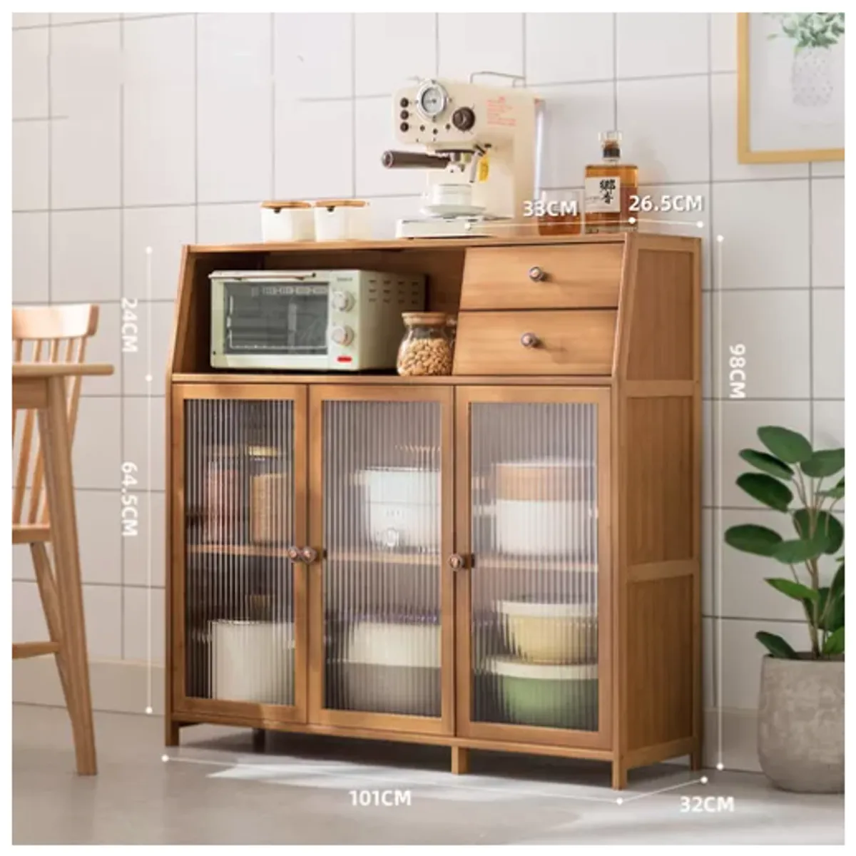 IDEEHOUSE - Despensa Aparador De Cocina 3 Puertas 2 Cajones Bambú