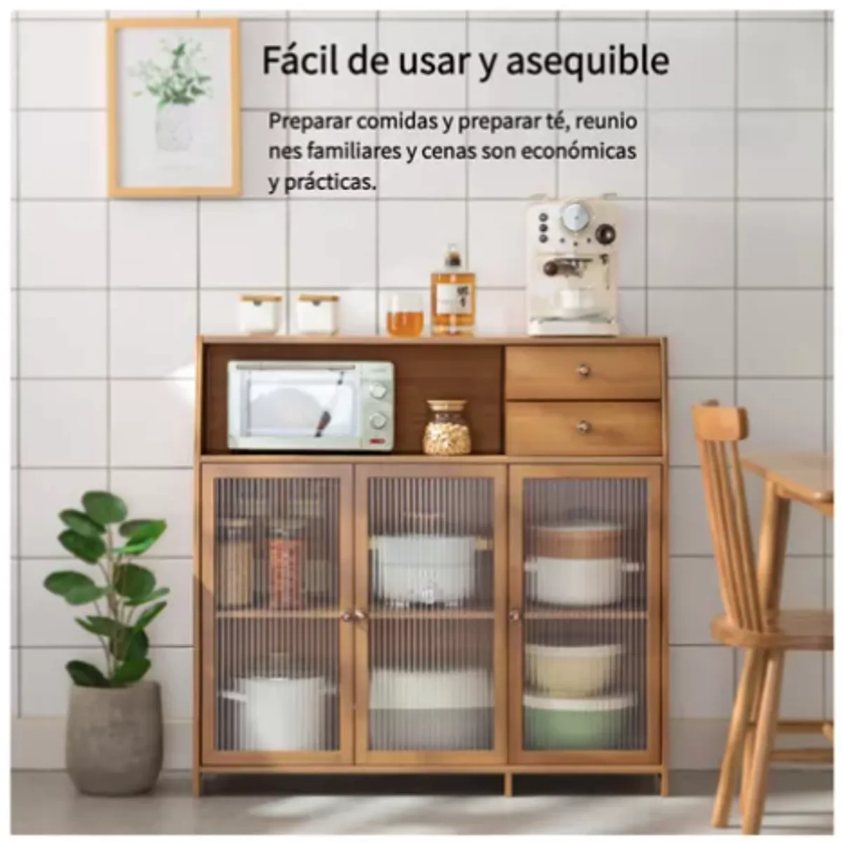 IDEEHOUSE - Despensa Aparador De Cocina 3 Puertas 2 Cajones Bambú