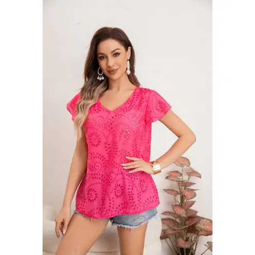 LIKE SHOP - Blusa Polera Mujer Manga Corta Tipo Broderi Tendencia cuello V 0047