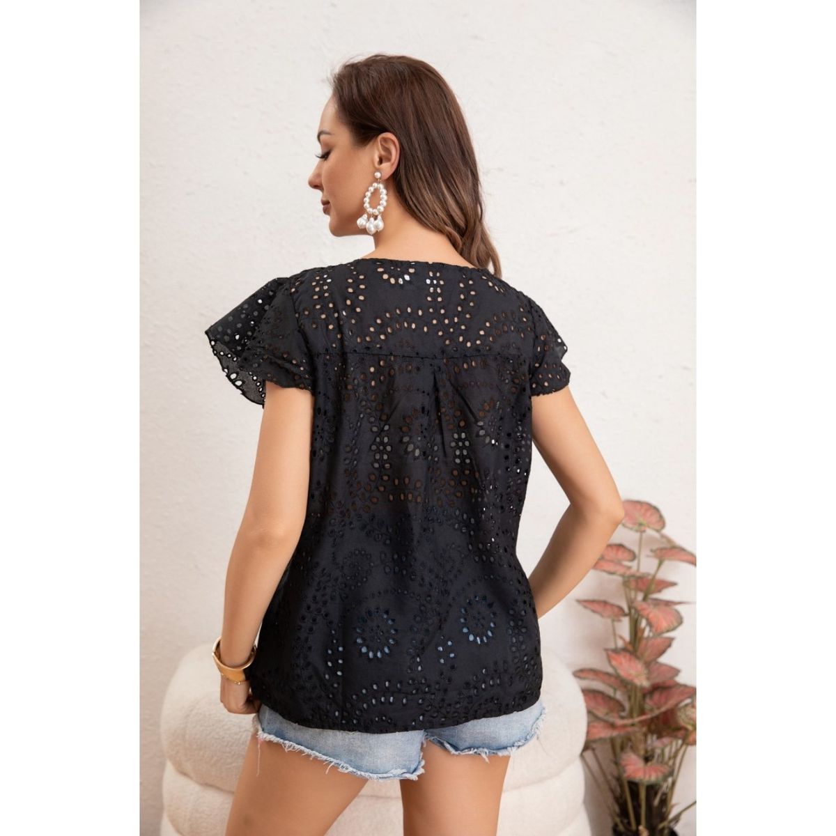 LIKE SHOP - Blusa Polera Mujer Manga Corta Tipo Broderi Tendencia cuello V 0047