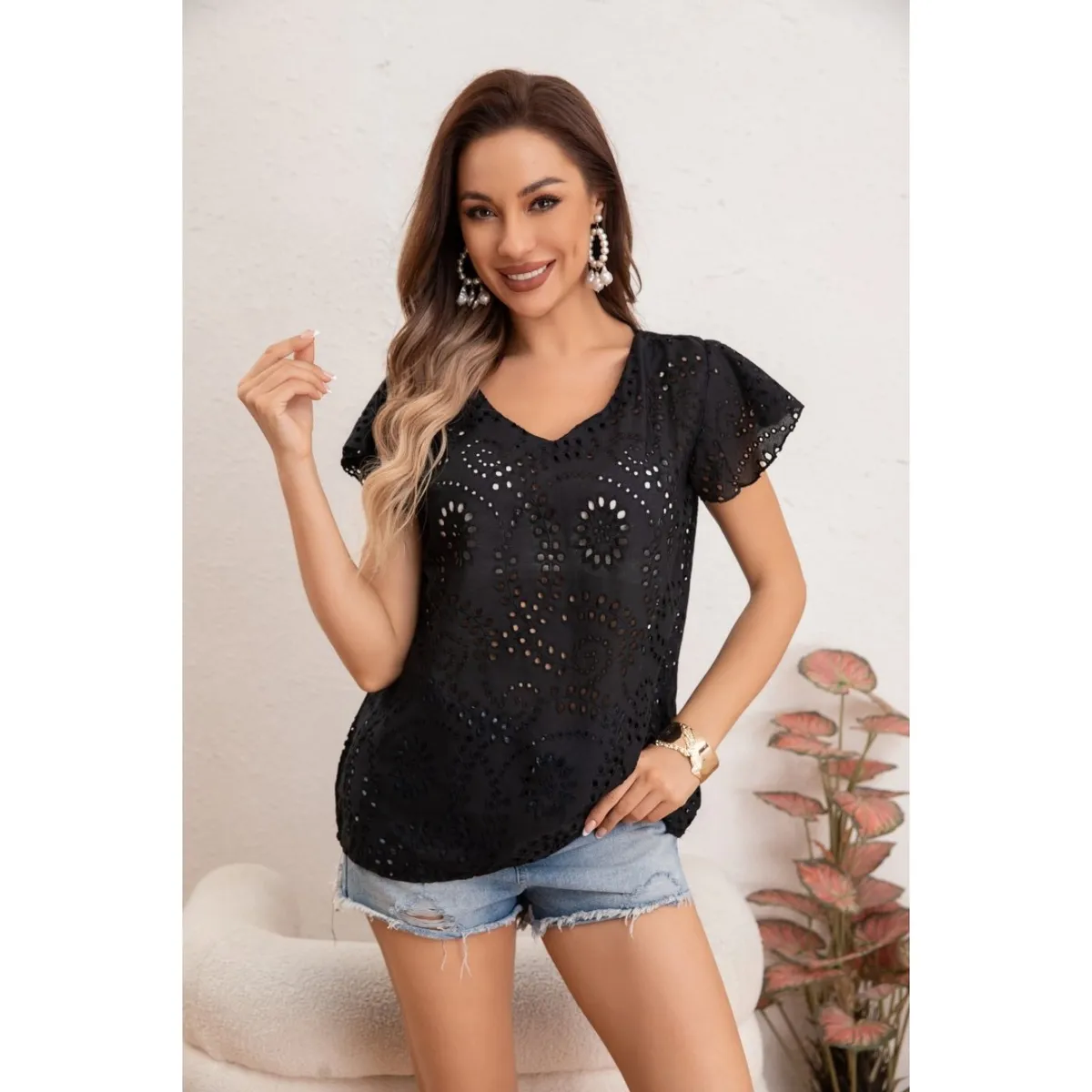 LIKE SHOP - Blusa Polera Mujer Manga Corta Tipo Broderi Tendencia cuello V 0047
