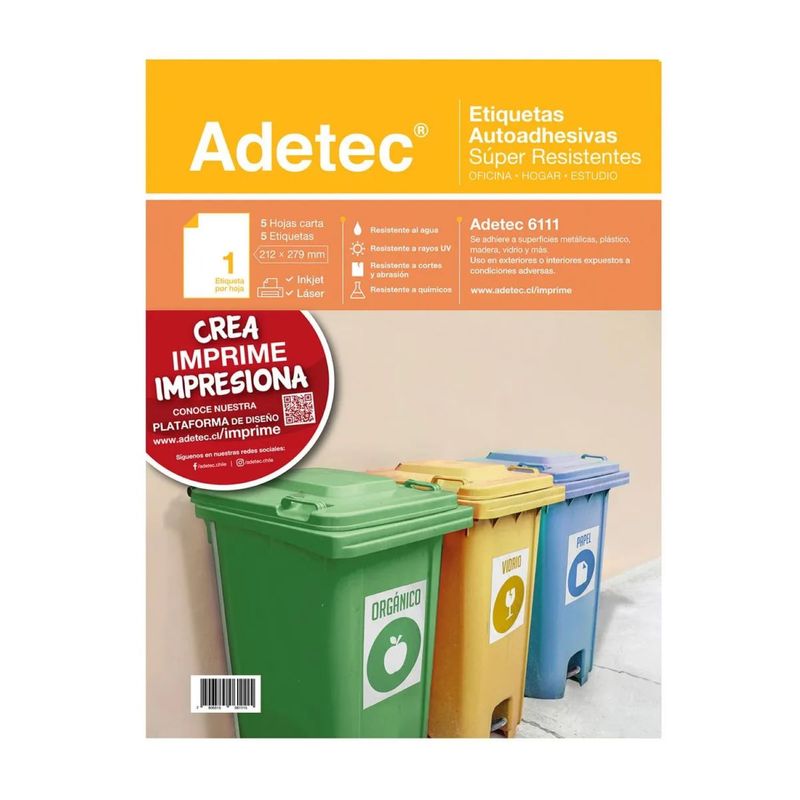 ADETEC - Etiquetas Inkjet/laser Súper Resistentes 213x279 mm 5 Hojas