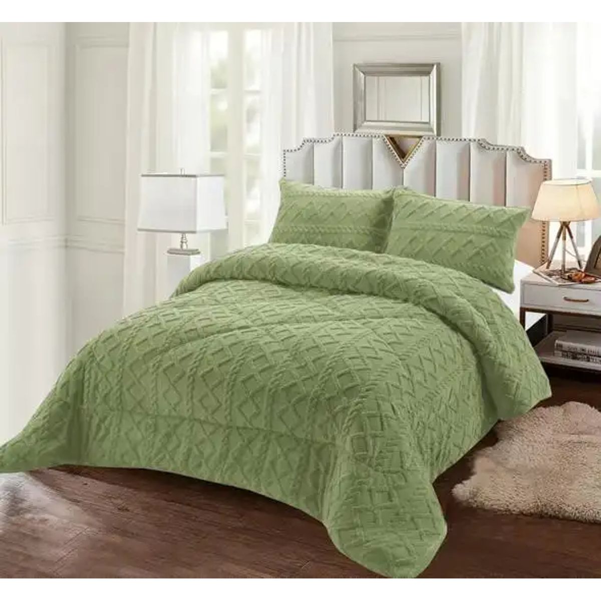 GENERICO - PLUMÓN CHIPORRO PARA INVIERNO TRENZADO 2 PLAZAS VERDE