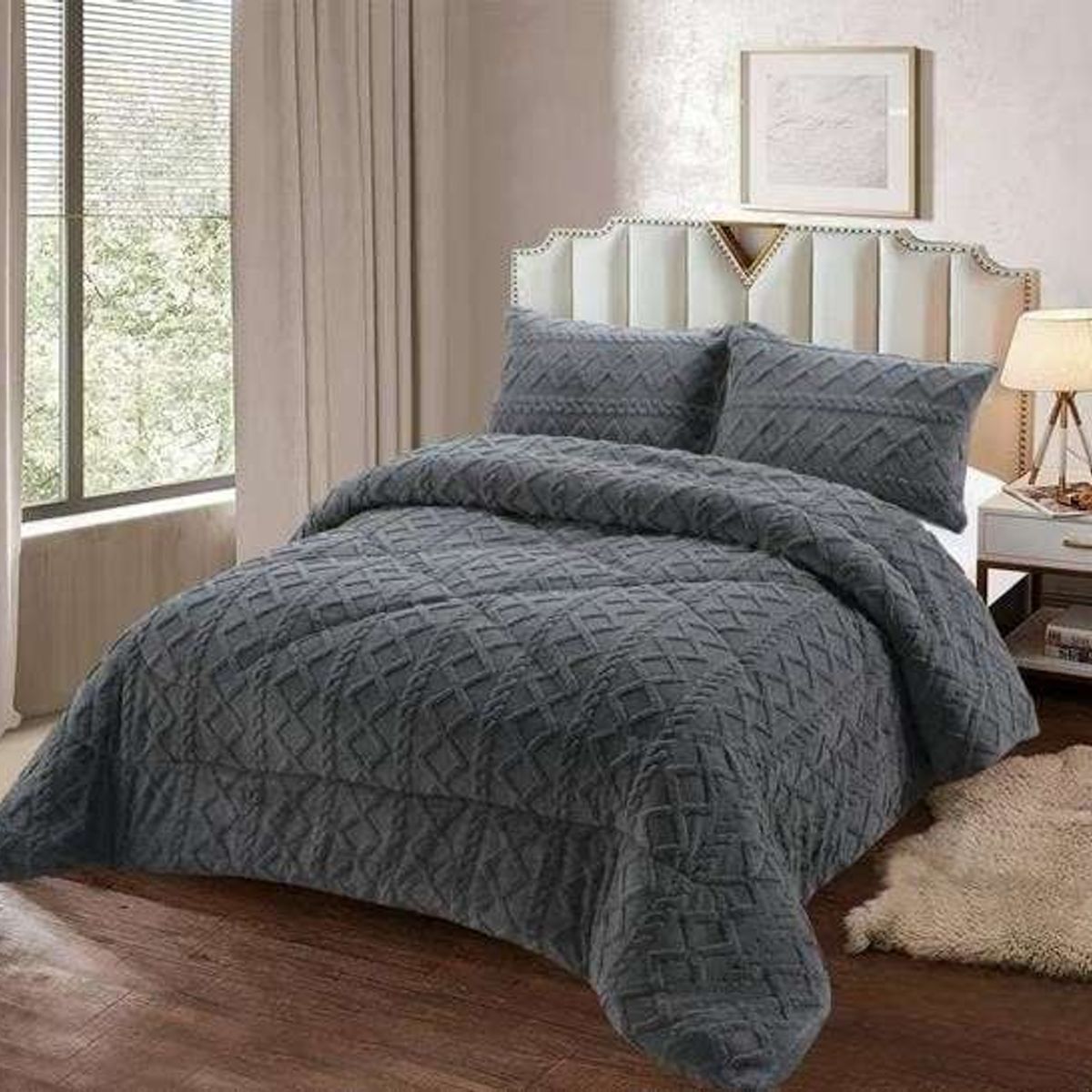 GENERICO - PLUMÓN CHIPORRO PARA INVIERNO TRENZADO 2 PLAZAS GRIS