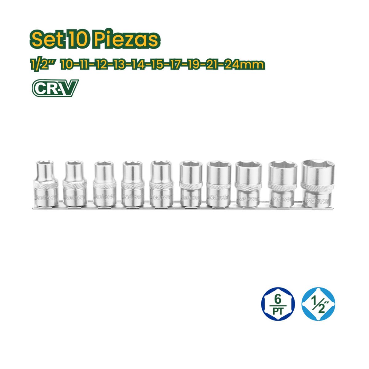 JADEVER - Juego de Dados 1/2" 10 Piezas 10-24mm JADEVER