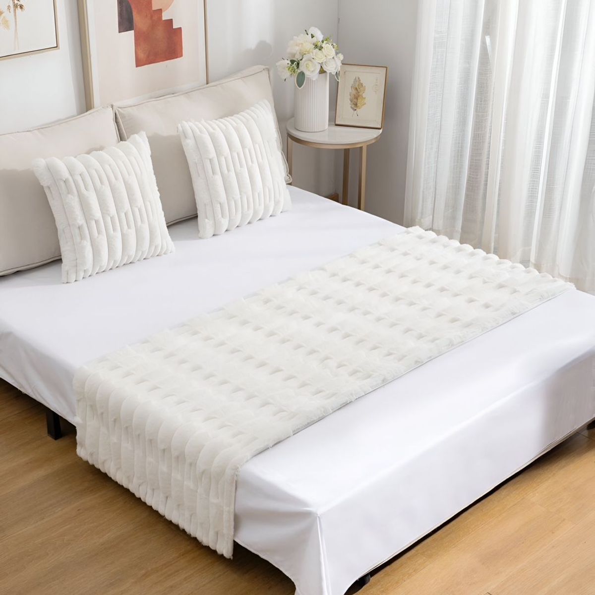 GENERICO - JUEGO DE PIECERA DE CAMA CON 2 FUNDAS MODELO BAMBÚ BLANCO