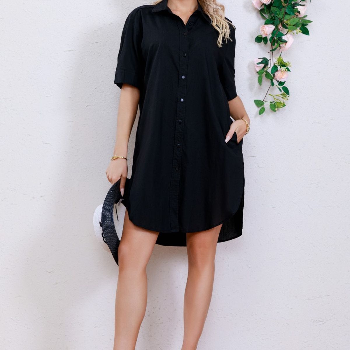 LIKE SHOP - Vestido Corto Algodón Mujer Blusón Manga Corta Botones 3276